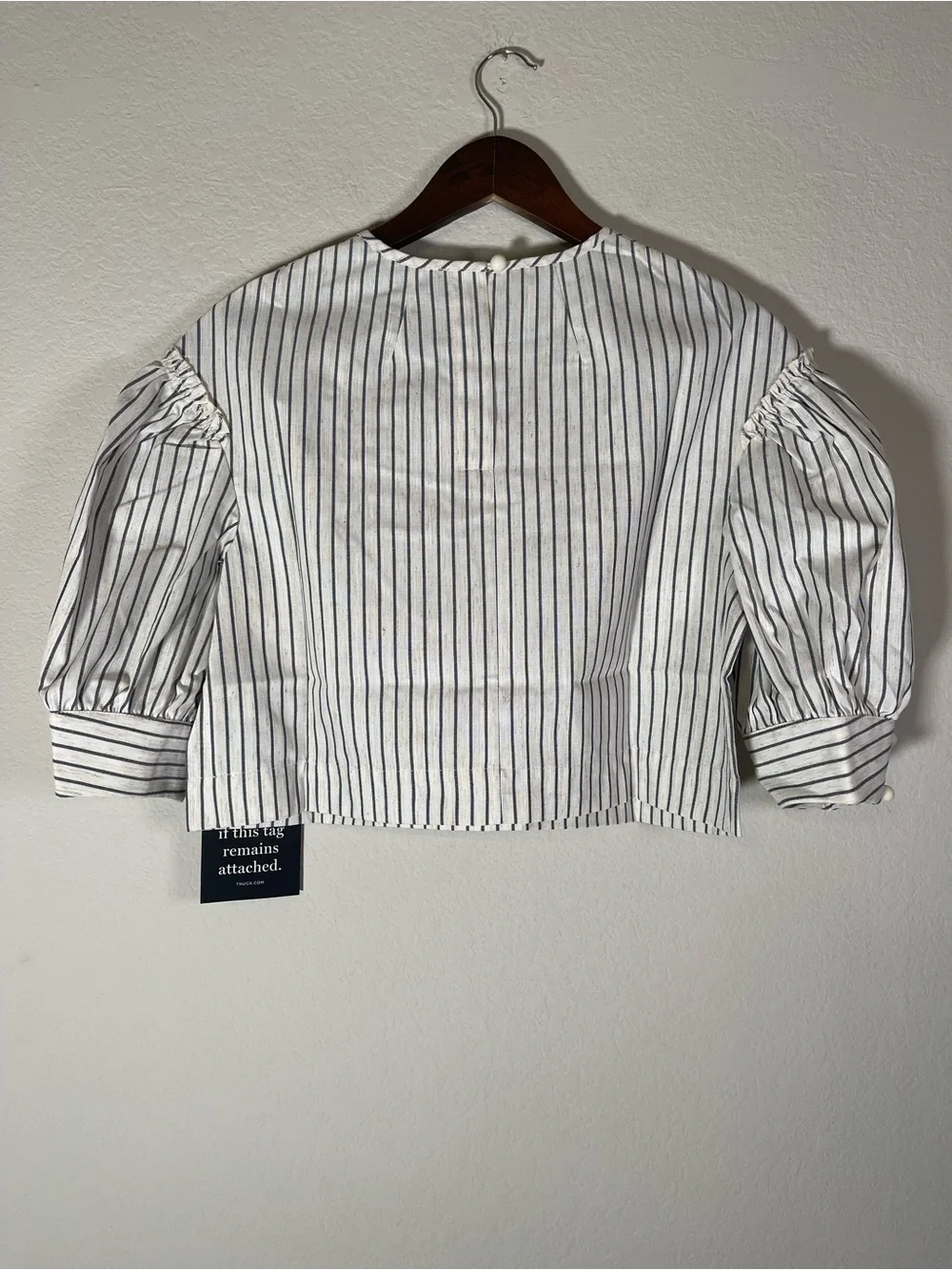 Tuckernuck Stripe Edie Puff Sleeve Top in Blue Linen New Cropped Size Medium